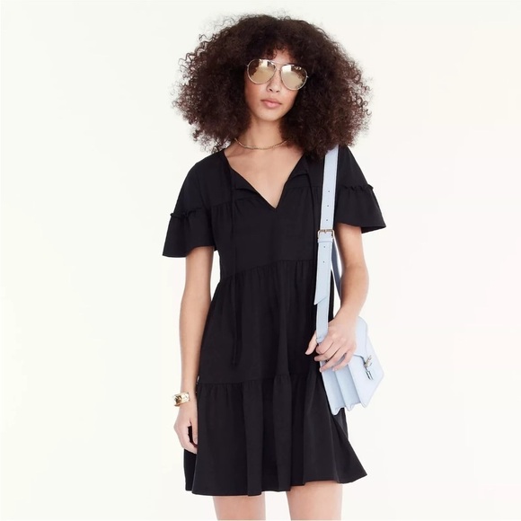 J Crew Black Broken-In Jersey Tiered Ruffle Short Sleeve Mini Dress Size 2X - Picture 1 of 10